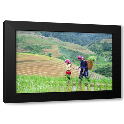Vietnam-Grandma taking care of granddaughter-Farming community with traditional Sapa dresses Black Modern Wood Framed Art Print with Double Matting by Norring, Tom