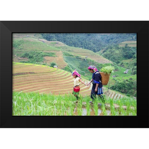 Vietnam-Grandma taking care of granddaughter-Farming community with traditional Sapa dresses Black Modern Wood Framed Art Print by Norring, Tom