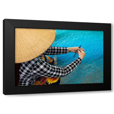 Vietnam-Women repairing fishing nets Black Modern Wood Framed Art Print by Norring, Tom