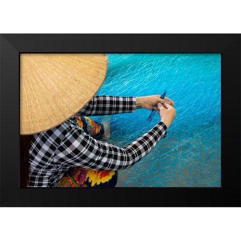 Vietnam-Women repairing fishing nets Black Modern Wood Framed Art Print by Norring, Tom