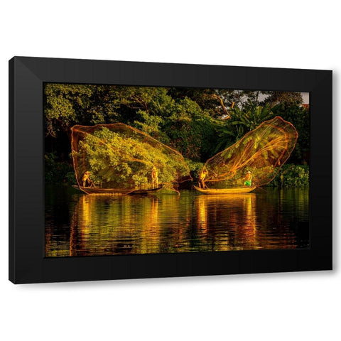 Vietnam-Butterfly net fishing-Fishermen working in complete synchronization Black Modern Wood Framed Art Print with Double Matting by Norring, Tom