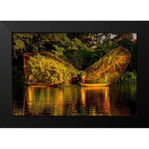 Vietnam-Butterfly net fishing-Fishermen working in complete synchronization Black Modern Wood Framed Art Print by Norring, Tom