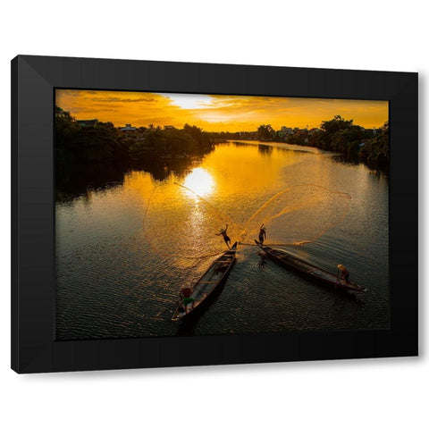 Vietnam-Coordinated lagoon fishing with nets at sunset Black Modern Wood Framed Art Print with Double Matting by Norring, Tom