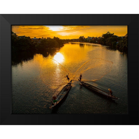 Vietnam-Coordinated lagoon fishing with nets at sunset Black Modern Wood Framed Art Print by Norring, Tom