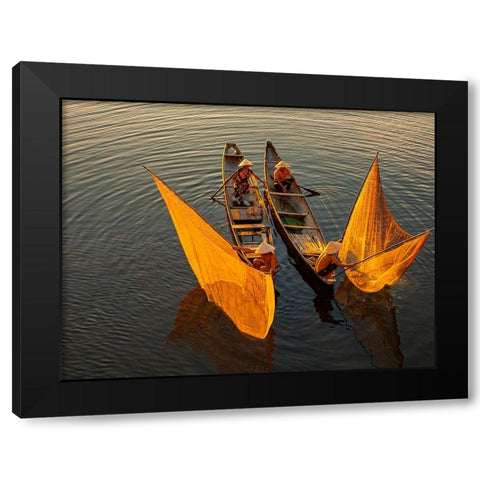 Vietnam-Coordinated lagoon fishing with nets at sunset Black Modern Wood Framed Art Print by Norring, Tom