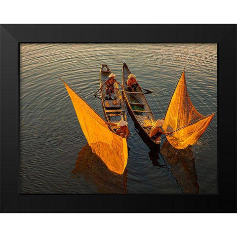 Vietnam-Coordinated lagoon fishing with nets at sunset Black Modern Wood Framed Art Print by Norring, Tom
