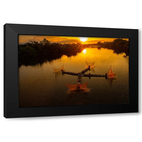Vietnam-Coordinated lagoon fishing with nets at sunset Black Modern Wood Framed Art Print with Double Matting by Norring, Tom