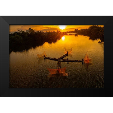 Vietnam-Coordinated lagoon fishing with nets at sunset Black Modern Wood Framed Art Print by Norring, Tom