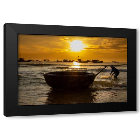 Vietnam-Fishermen deliver the nights catch to the beach at Hoi An Black Modern Wood Framed Art Print by Norring, Tom
