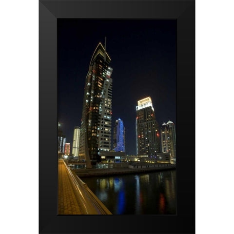 UAE, Dubai, Marina Downtown buildings at night Black Modern Wood Framed Art Print by Young, Bill