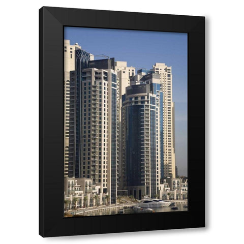 UAE, Dubai Marina towers with boats at anchor Black Modern Wood Framed Art Print with Double Matting by Young, Bill