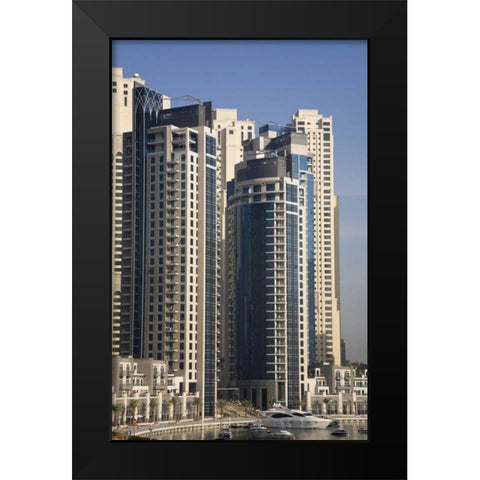 UAE, Dubai Marina towers with boats at anchor Black Modern Wood Framed Art Print by Young, Bill