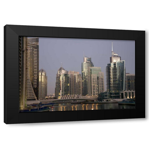 UAE, Dubai Tower lights reflect on marina water Black Modern Wood Framed Art Print with Double Matting by Young, Bill