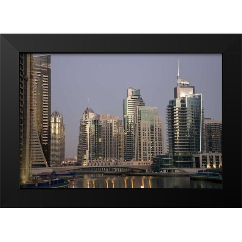 UAE, Dubai Tower lights reflect on marina water Black Modern Wood Framed Art Print by Young, Bill