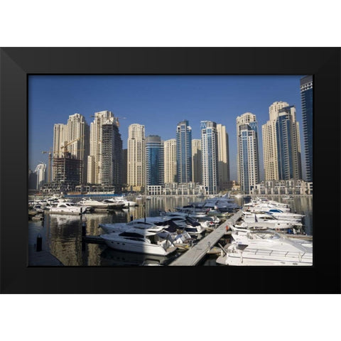 UAE, Dubai Marina towers with boats at anchor Black Modern Wood Framed Art Print by Young, Bill