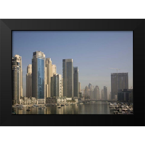 UAE, Dubai Marina towers with boats at anchor Black Modern Wood Framed Art Print by Young, Bill