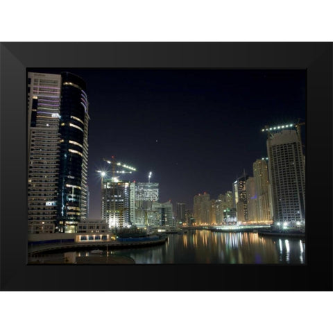 UAE, Dubai Towers on marina at night Black Modern Wood Framed Art Print by Young, Bill
