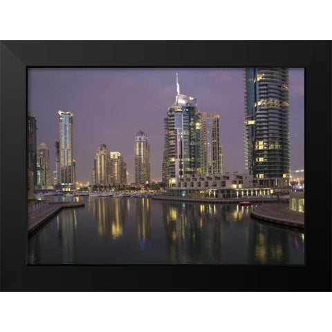 UAE, Dubai, Marina Lights reflect on marina Black Modern Wood Framed Art Print by Young, Bill