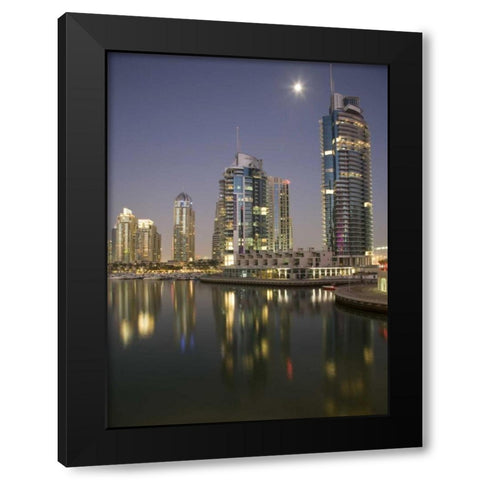 UAE, Dubai, Marina Towers reflect on marina Black Modern Wood Framed Art Print by Young, Bill