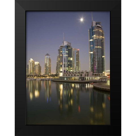 UAE, Dubai, Marina Towers reflect on marina Black Modern Wood Framed Art Print by Young, Bill