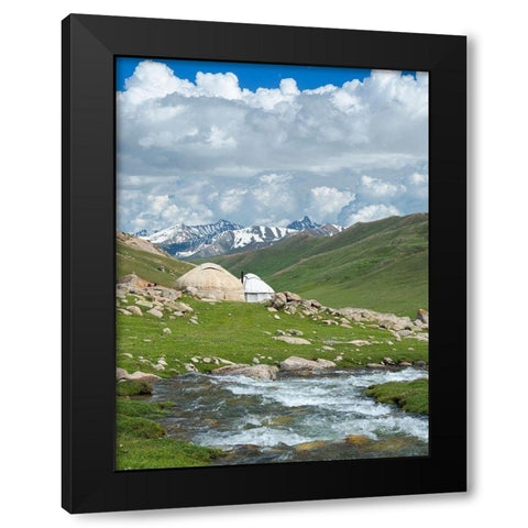 Landscape with Yurt at the Otmok mountain pass in the Tien Shan or heavenly mountains-Kyrgyzstan Black Modern Wood Framed Art Print by Zwick, Martin