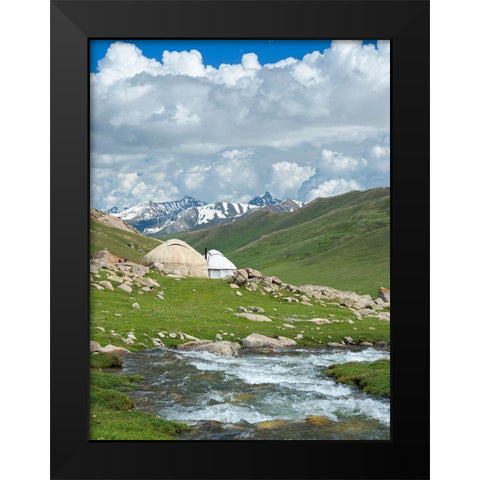Landscape with Yurt at the Otmok mountain pass in the Tien Shan or heavenly mountains-Kyrgyzstan Black Modern Wood Framed Art Print by Zwick, Martin