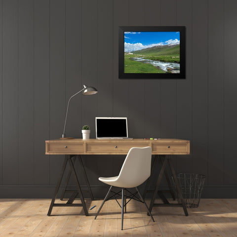 Landscape with Yurt at the Otmok mountain pass in the Tien Shan or heavenly mountains-Kyrgyzstan Black Modern Wood Framed Art Print by Zwick, Martin