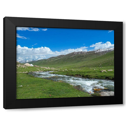 Landscape with Yurt at the Otmok mountain pass in the Tien Shan or heavenly mountains-Kyrgyzstan Black Modern Wood Framed Art Print by Zwick, Martin