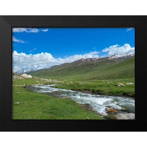 Landscape with Yurt at the Otmok mountain pass in the Tien Shan or heavenly mountains-Kyrgyzstan Black Modern Wood Framed Art Print by Zwick, Martin