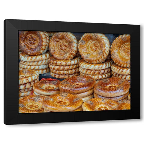Traditional bread called Lepjoschka Jayma Bazaar-one of the greatest traditional markets Black Modern Wood Framed Art Print by Zwick, Martin