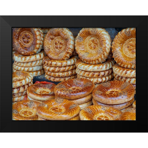 Traditional bread called Lepjoschka Jayma Bazaar-one of the greatest traditional markets Black Modern Wood Framed Art Print by Zwick, Martin