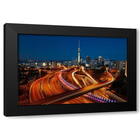 Motorways-Lightpath cycleway-and Skytower at dusk-Auckland-North Island-New Zealand Black Modern Wood Framed Art Print with Double Matting by Wall, David