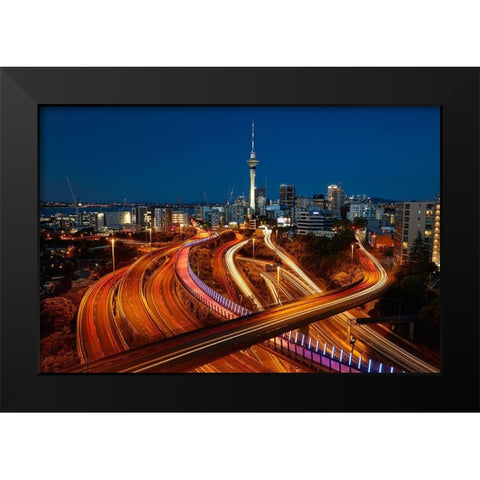 Motorways-Lightpath cycleway-and Skytower at dusk-Auckland-North Island-New Zealand Black Modern Wood Framed Art Print by Wall, David