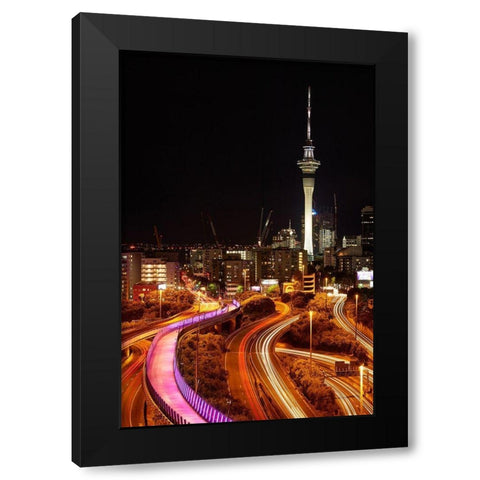 Motorways-Lightpath cycleway-and Skytower at night-Auckland-North Island-New Zealand Black Modern Wood Framed Art Print by Wall, David