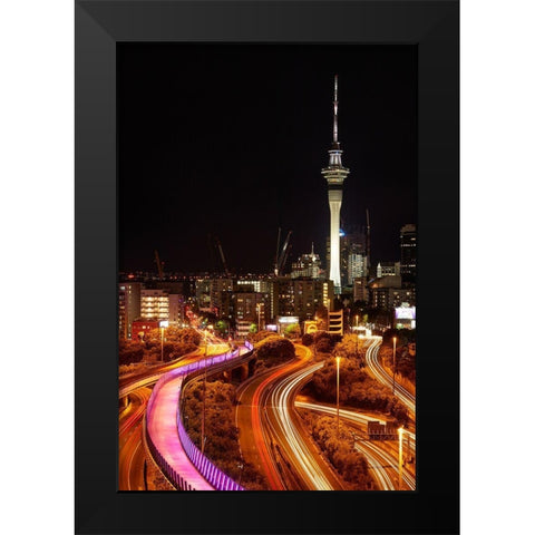 Motorways-Lightpath cycleway-and Skytower at night-Auckland-North Island-New Zealand Black Modern Wood Framed Art Print by Wall, David