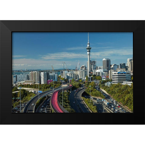 Motorways-Lightpath cycleway-and Skytower-Auckland-North Island-New Zealand Black Modern Wood Framed Art Print by Wall, David