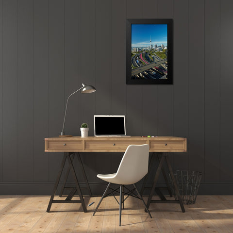 Motorways-Lightpath cycleway-and Skytower-Auckland-North Island-New Zealand Black Modern Wood Framed Art Print by Wall, David