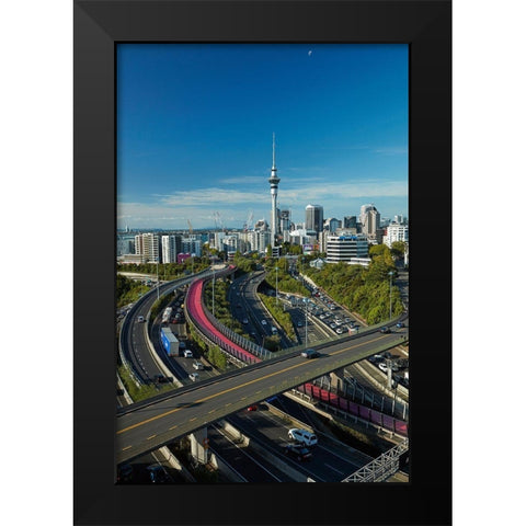 Motorways-Lightpath cycleway-and Skytower-Auckland-North Island-New Zealand Black Modern Wood Framed Art Print by Wall, David