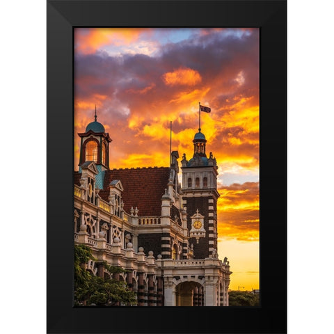 Sunset over the Dunedin Railway Station-Dunedin-South Island-New Zealand Black Modern Wood Framed Art Print by Bishop, Russ