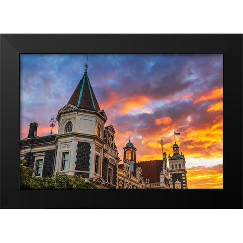 Sunset over the Dunedin Railway Station-Dunedin-South Island-New Zealand Black Modern Wood Framed Art Print by Bishop, Russ