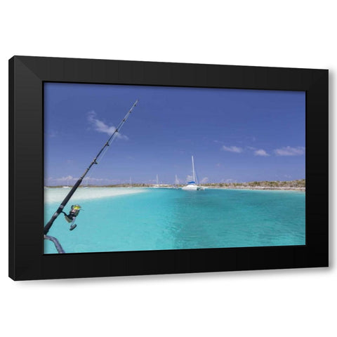 Bahamas, Exuma Island Sailboats and fishing rod Black Modern Wood Framed Art Print by Paulson, Don