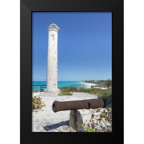 Bahamas, Little Exuma Is Rusty cannon and column Black Modern Wood Framed Art Print by Paulson, Don