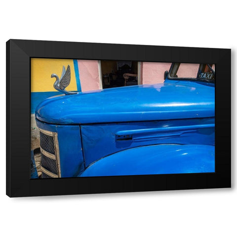 Detail of classic blue American car with chrome swan hood ornament in Trinidad-Cuba Black Modern Wood Framed Art Print by Miglavs, Janis