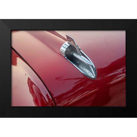 Detail of hood ornament of red 57 Chevrolet Bel Air in Habana-Havana-Cuba Black Modern Wood Framed Art Print by Miglavs, Janis