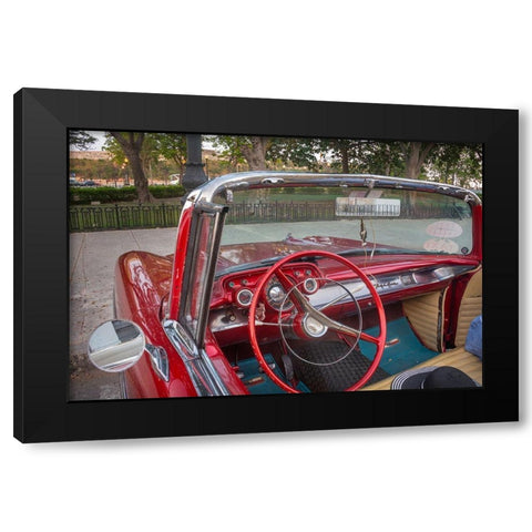 Interior view of red 57 Chevrolet Bel Air convertible in Habana-Havana-Cuba Black Modern Wood Framed Art Print by Miglavs, Janis