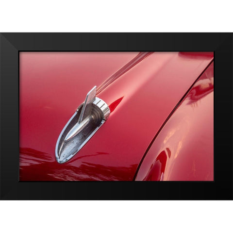 Close-up of hood detail of red 57 Chevrolet Bel Air in Habana-Havana-Cuba Black Modern Wood Framed Art Print by Miglavs, Janis