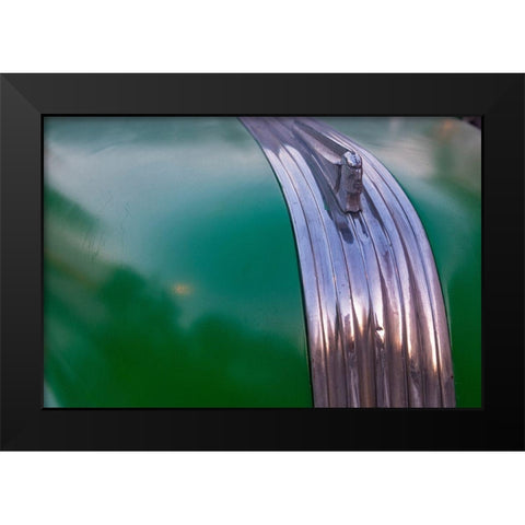 Detail of hood ornament on green classic American Pontiac car in Habana-Havana-Cuba Black Modern Wood Framed Art Print by Miglavs, Janis