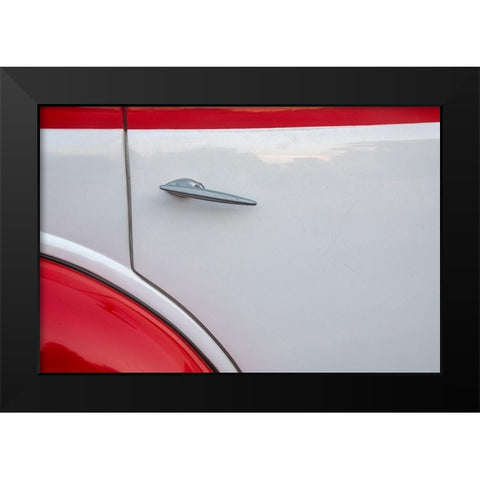Detail of door on red and white classic American Ford in Habana-Havana-Cuba Black Modern Wood Framed Art Print by Miglavs, Janis