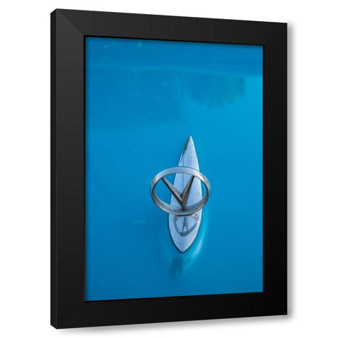 Detail of hood ornament on a classic blue American car in Vieja-old Habana-Havana-Cuba Black Modern Wood Framed Art Print by Miglavs, Janis