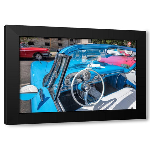 View into drivers seat of a classic convertible baby blue American car parked in Vieja-Havana-Cuba Black Modern Wood Framed Art Print with Double Matting by Miglavs, Janis